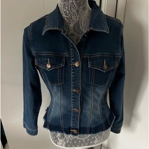 LITZ Premium Denim Jacket Small Dark Wash Cropped Frayed Hem Fitted Jean Jacket